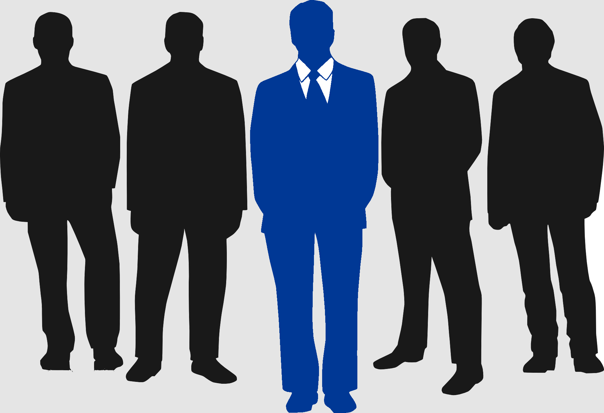 Silhouettes of 5 people, with the 2 on each side in black, and the center silhouette in more detail and in blue.