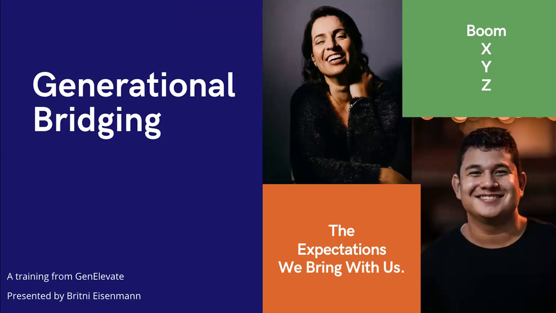 Generational Bridging: Boom, X, Y, Z: The Expectations We Bring with Us. A training guide from GenElevate, Presented by Britni Eisenmann