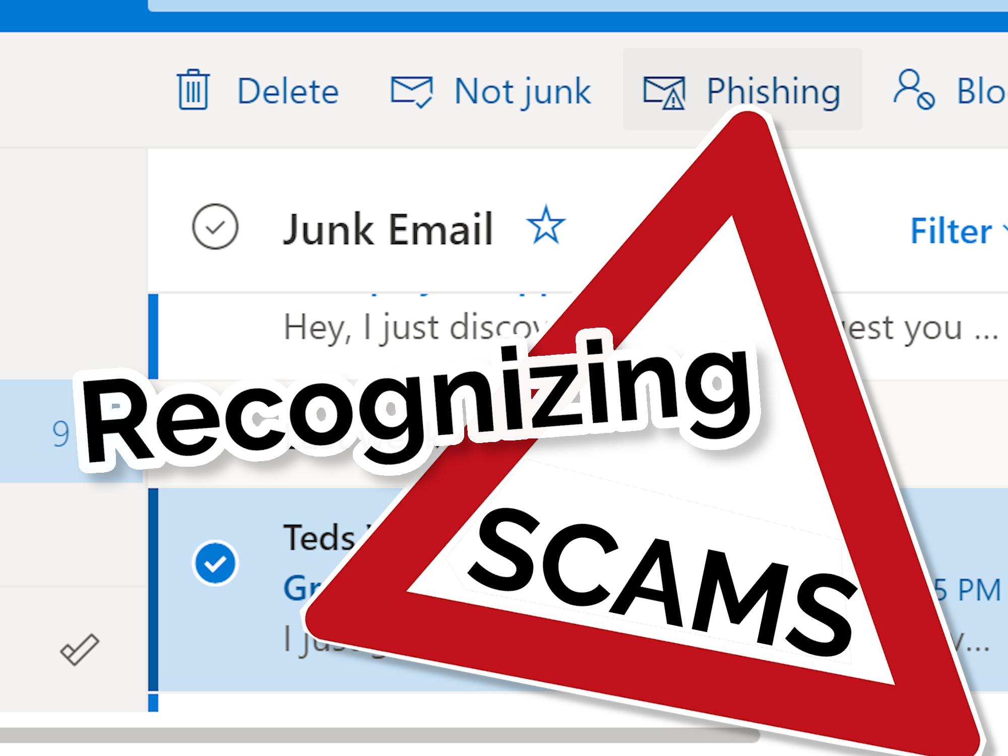 Recognizing Scams with a red warning sign over a screenshot of Junk Email.