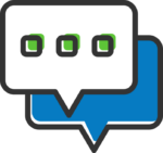 A chat bubble with three green dots, over a chat bubble with a blue background.