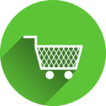Shopping cart silhouette in white in a green circle background.