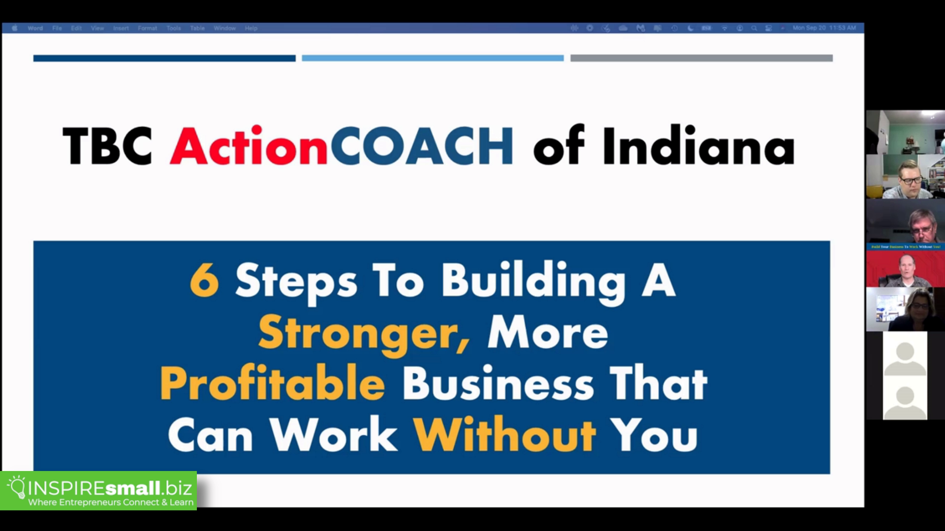 Screenshot of Tim Campsall, owner of TBC ActionCOACH of Indiana's presentation 6 Steps to Building AStronger, More Profitable Business That Can Run Without You