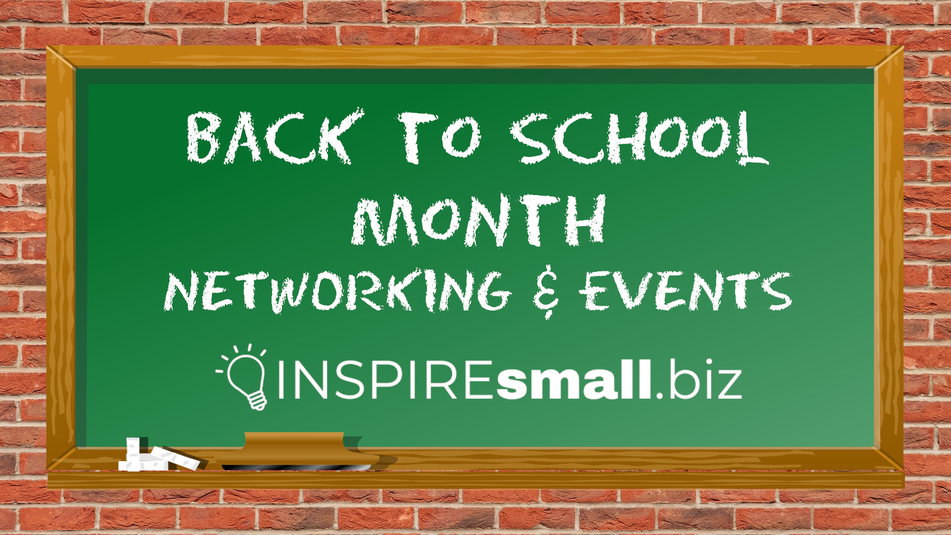Chalkboard with the text 'Back to school month, networking & events' written on it in white chalk