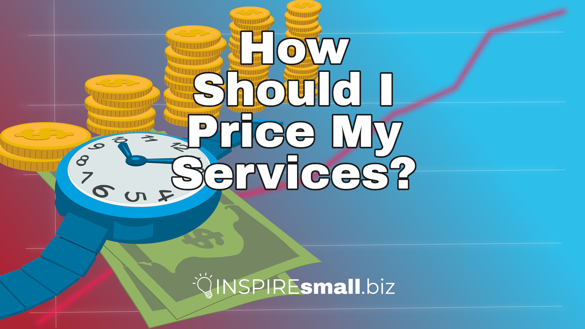 Image of money and a watch with a line graph showing growth in the background with thext that reads 'How Should I Price My Services' on top of the image