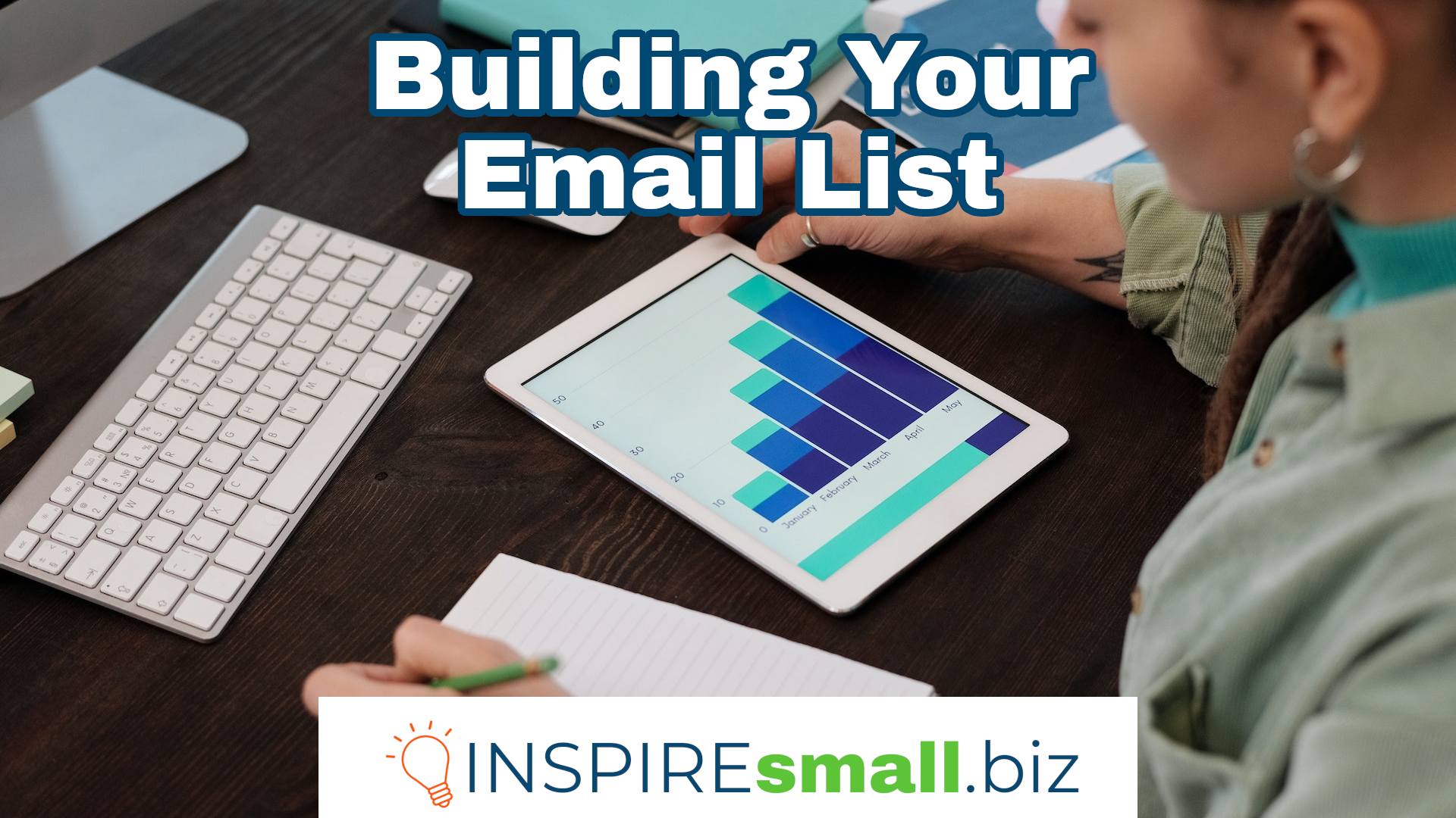 Person looking at a bar chart on a tablet, sitting at a dark brown table next to a keyboard and paper. Text reads Building Your Email List, workshop from INSPIREsmall.biz