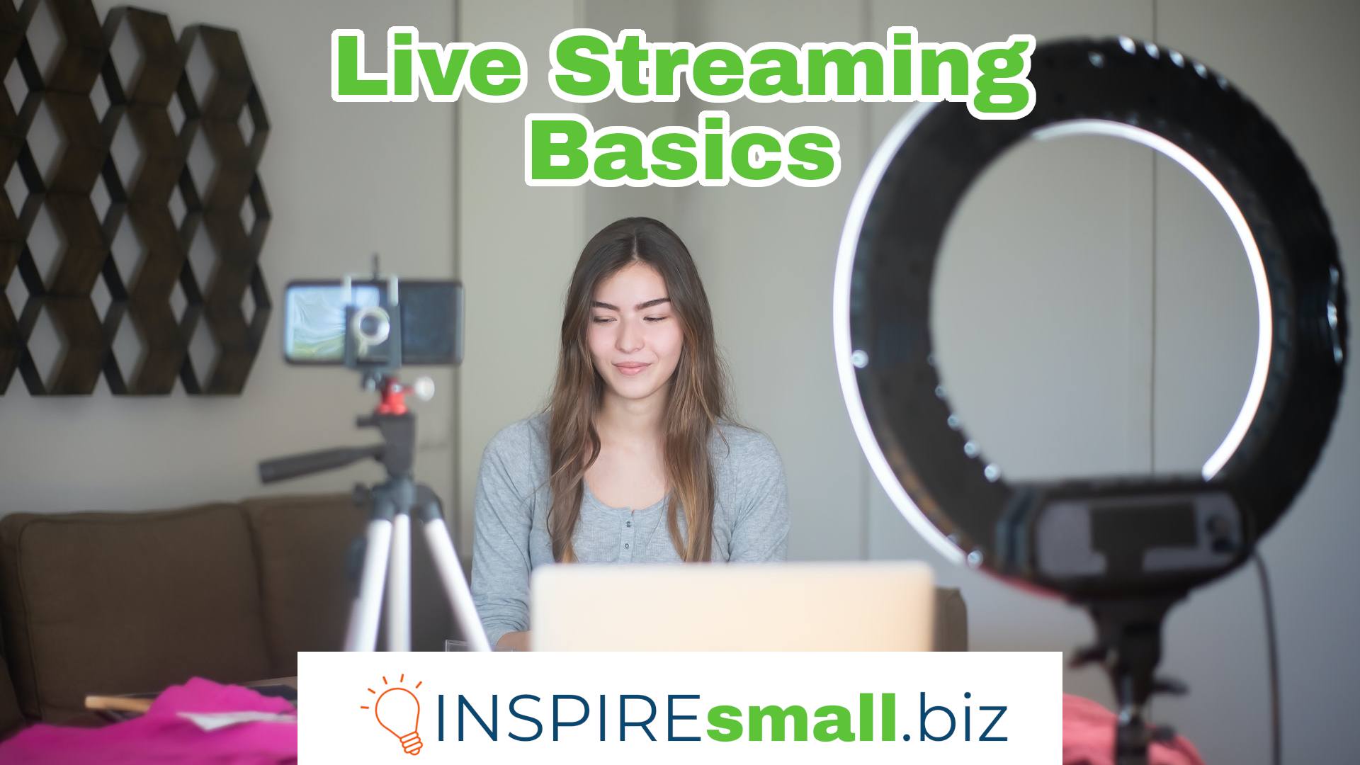 A live streamer in front of a camera and light. Text reads Live Streaming Basics workshop from INSPIREsmall.biz