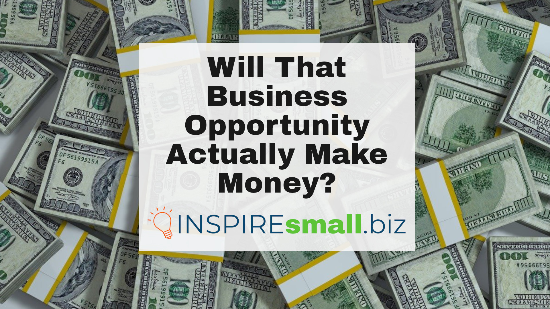 Pile of money with the text 'Will That Business Opportunity Actually Make Money?' written on top with the INSPIREsmall.biz logo